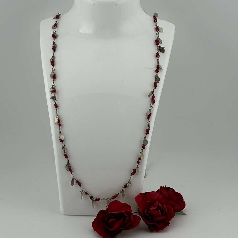 Silver Toned Leaf and Red Bead Long Body Necklace